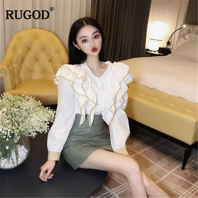 Женская блузка RUGOD белая винтажная с длинным рукавом и треугольным