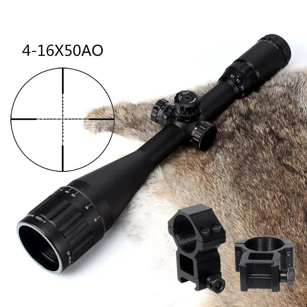 with Picatinny Rings Охота 4-16X50 АО прицел тактический оптический прицел полный Размеры Mil Dot красный зеленый синий llluminate сетка башенки блокировки Сфера - Цвет: with Picatinny Rings