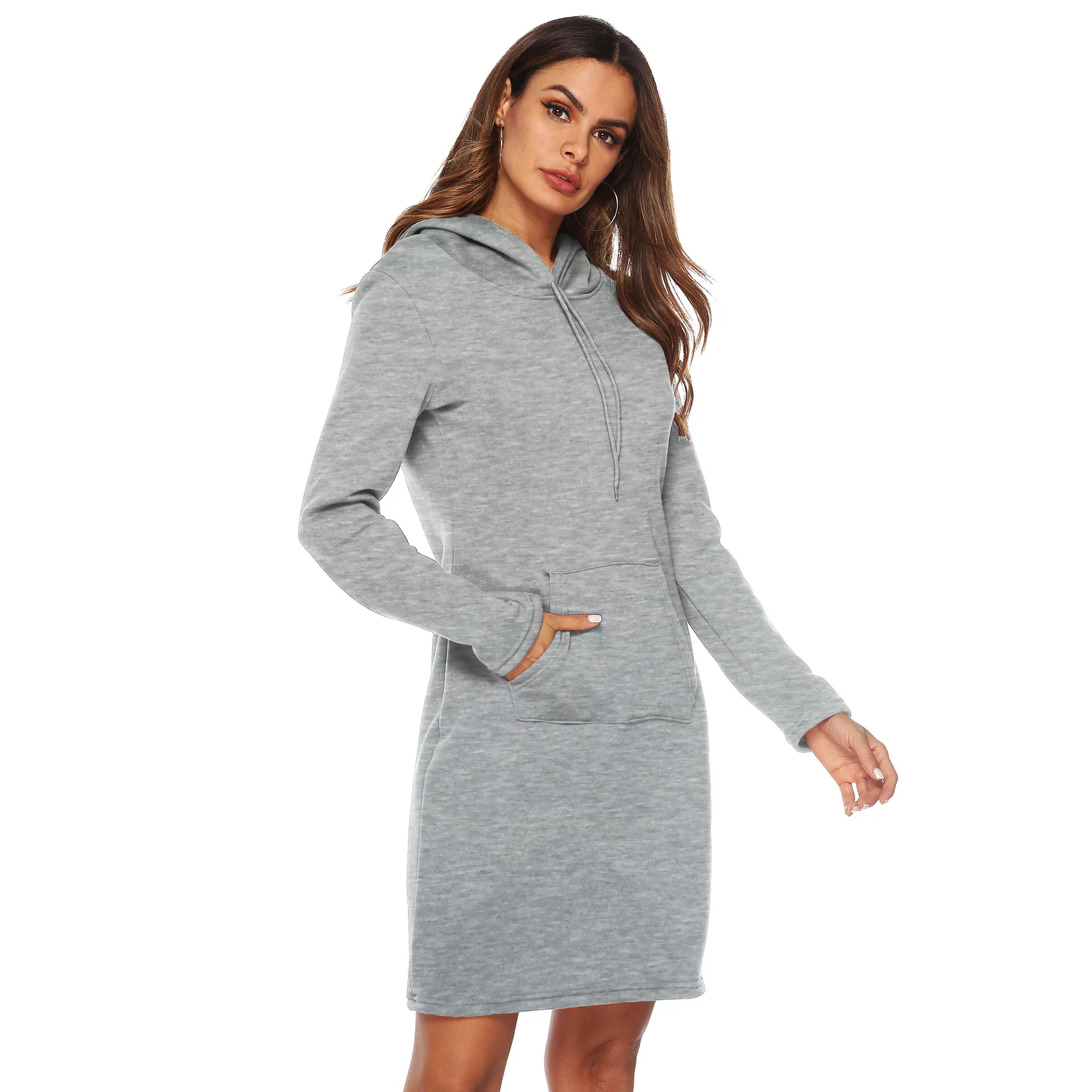 Женская толстовка с капюшоном платье Повседневная длинным рукавом однотонный