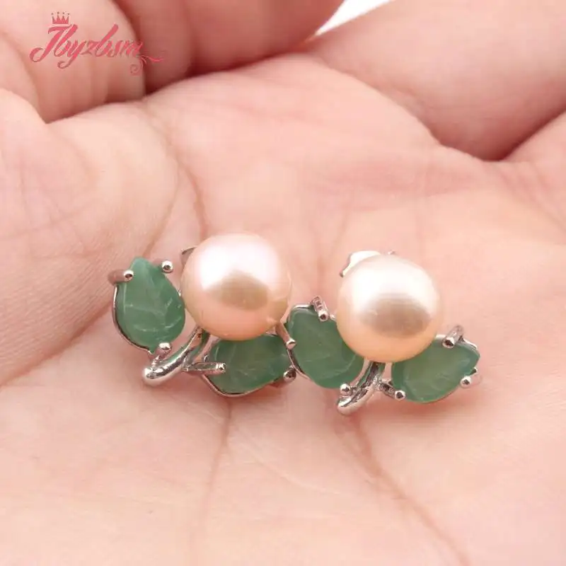

6mm Natural Round Freshwater Pearl Tibetan Silver Green Leaf Stu d Earrings 1 Pair Fashion Jewelry Women Mother's Day Gift