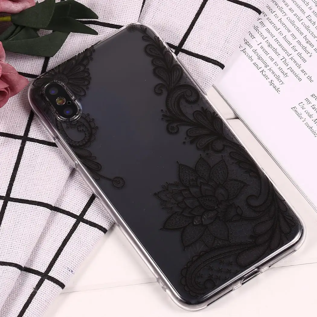 Мягкий ТПУ черный кружевной прозрачный защитный чехол пыленепроницаемый
