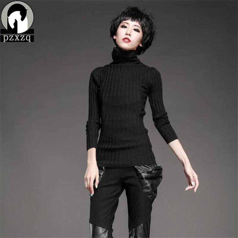 Женский теплый шерстяной свитер черные эластичные вязаные пуловеры с высоким