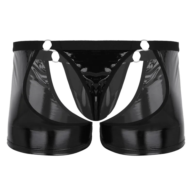TiaoBug Мужское нижнее белье, черное, Wetlook, искусственная кожа, низкая посадка, полый, сексуальный, для геев, с мешочком, боксеры, шорты, горячее, мужское, с круглым вырезом, бандаж, нижнее белье