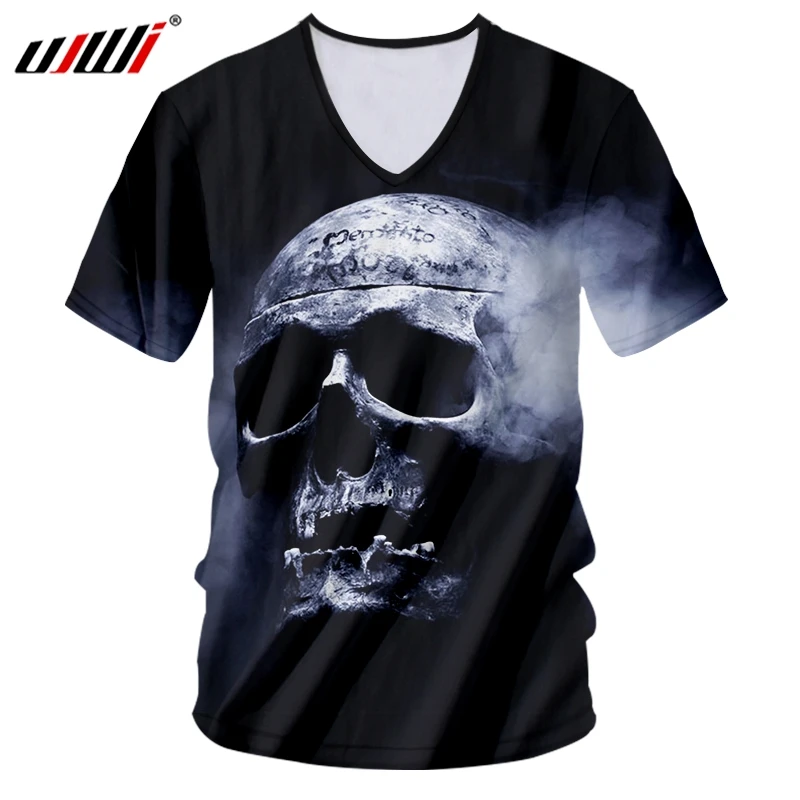 

UJWI Mens Hip Hop V Neck Tshirt Mysterious Smoke Skulls Tee Shirt 3D Printed Personality Punk Rock Man T-shirt Large Size 6XL