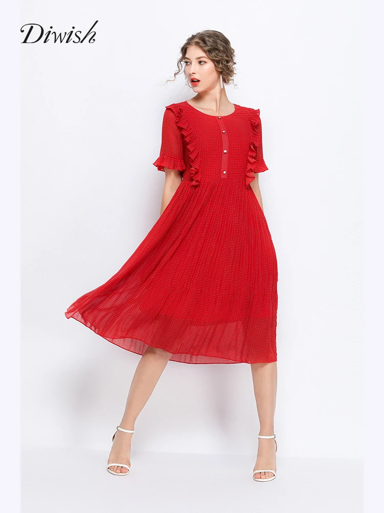 Diwish Women Dress 2019 Plus Size Summer Red Dot Short Flare Sleeve O-Neck Elegant Lady Party Tightening Up Waist | Женская одежда