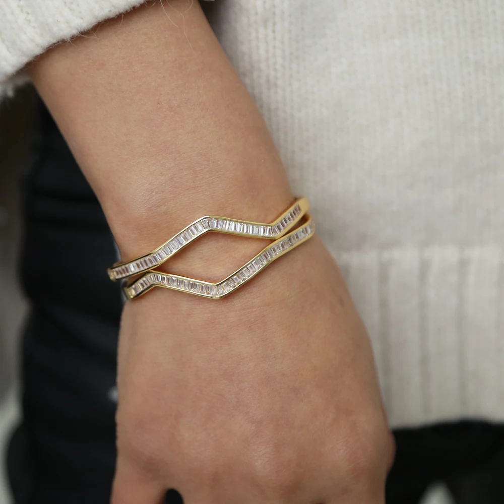 cz cuff bangle bracelet new arrived Gold color fashion jewelry sparking bling Bezel set wave band classic jewelry
