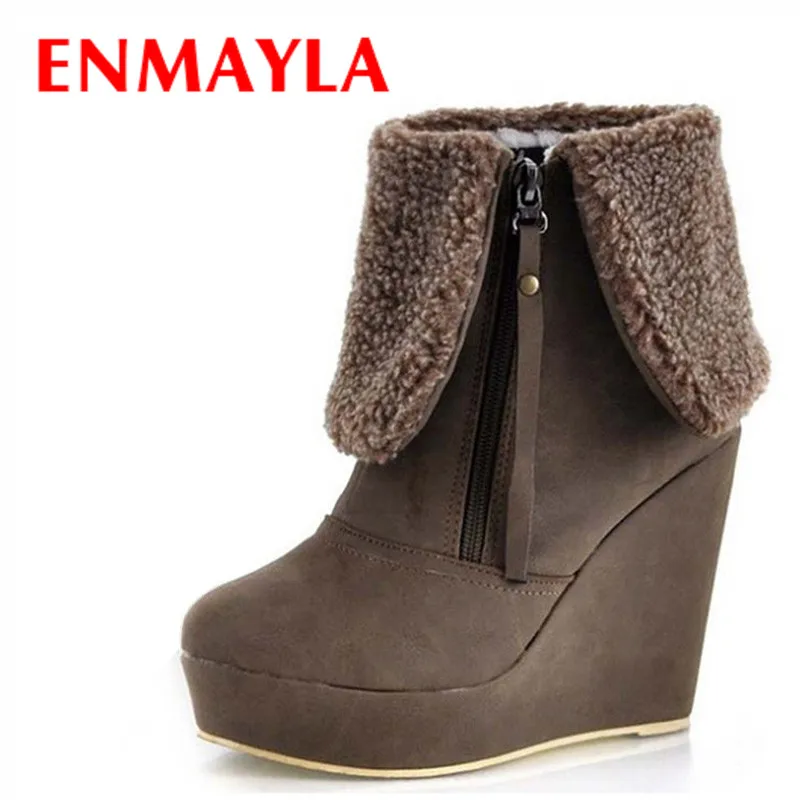 

ENMAYLA Fashion Platform Wedges High Heels Ankle Boots Women Shoes Sexy Designer Warm Winter Fur Snow Boots Women Size 34-39