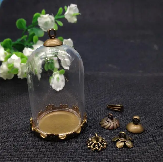 

5sets/lot 38*25mm tube jar glass globe bronze crown base tray 8mm beads cap vial pendant jewelry necklace handmade glass bottle