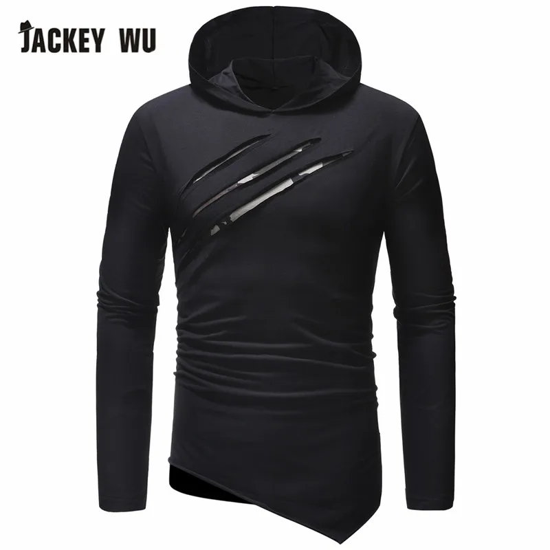 Jackeywu Повседневное Для мужчин футболка Мода в Корейском стиле; с защитой от царапин с длинным рукавом футболки с капюшонам Мужская одежда в стиле «хип-хоп» в уличном стиле - Цвет: Black Gray T Shirts