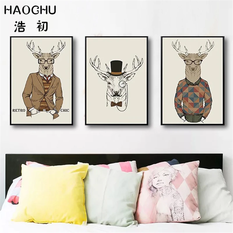Винтажная картина HAOCHU с изображением джентльменов оленей жирафа хиппи для