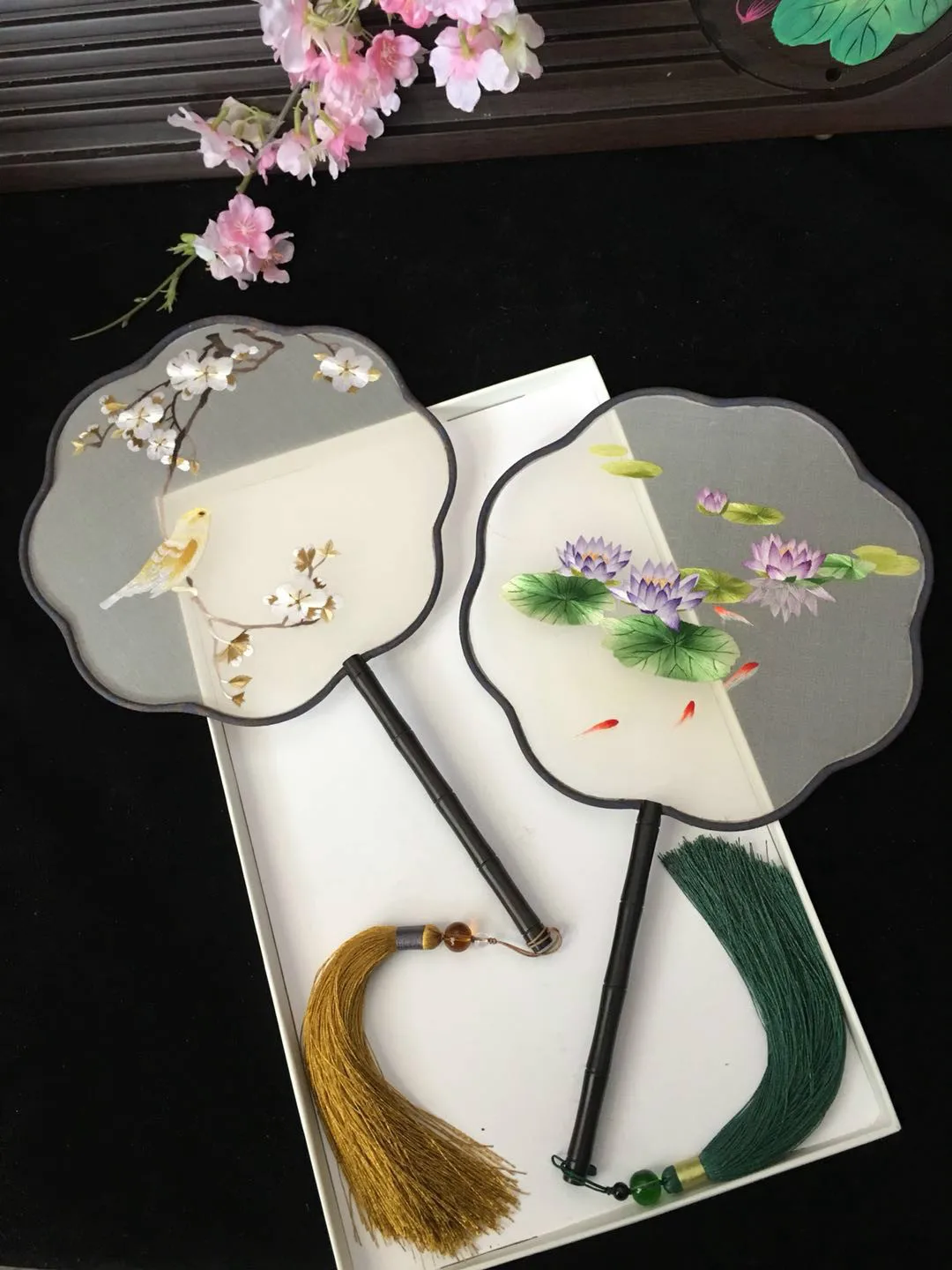 Su вышивка шелк двухсторонняя ручная вышивка круговой Вентилятор китайский стиль с длинной ручкой круговой вентилятор подарок в античном стиле вентилятор