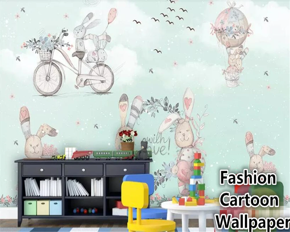 beibehang wall paper for kids room Hot Air Balloon Abstract Bunny Hand Drawn Snowflake Cartoon Background papel de parede 3d |