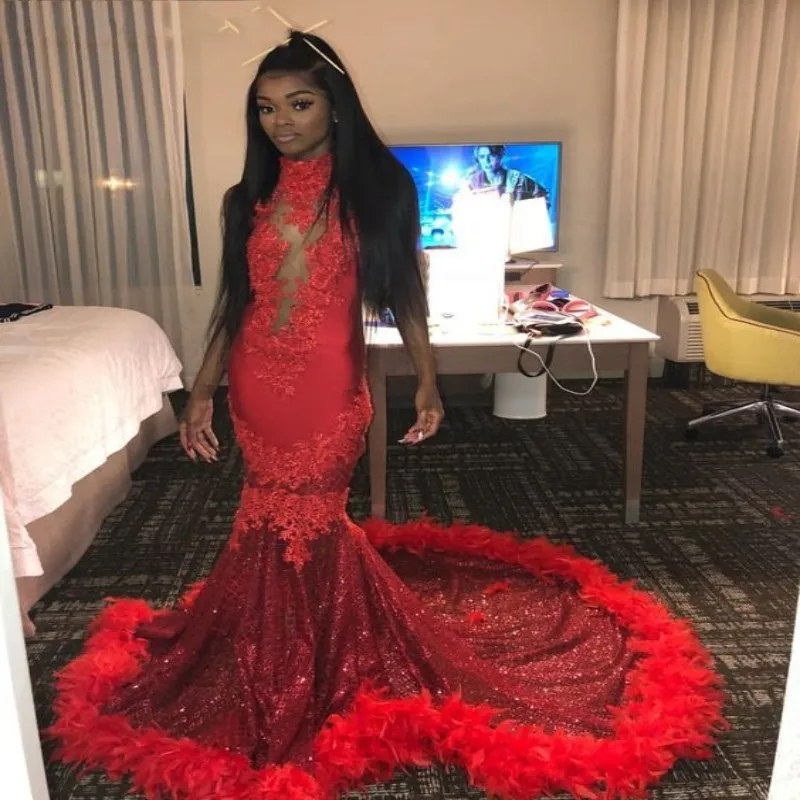 Блестящие перья русалка красные платья для выпускного 2019 сексуальные