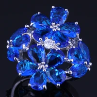 gleaming huge blue cubic zirconia white cz silver plated ring v0165