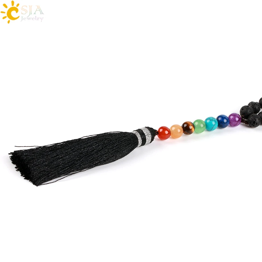 CSJA натуральный камень черный вулканическая лава бусы длинное ожерелье 7 Чакра