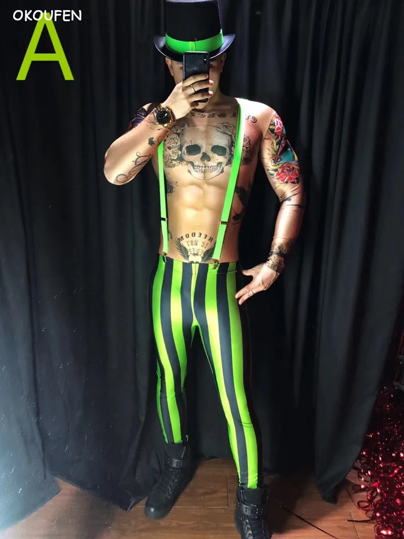Новинка: костюм сексуального кроя с зелеными светящимися полосами для выступлений в барах, ночных клубах, для мужских певцов и диджеев на сцене.