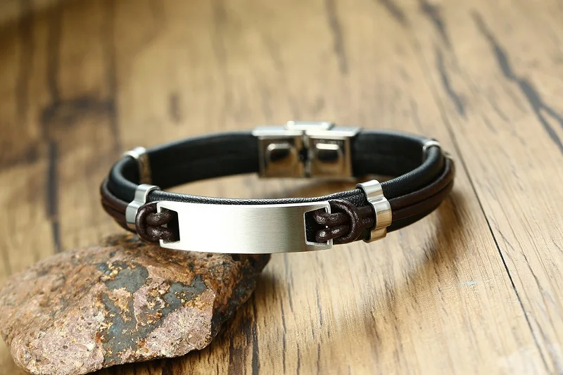 Lettering and laser personalized stainless steel ID bracelet men's handmade leather | Украшения и аксессуары