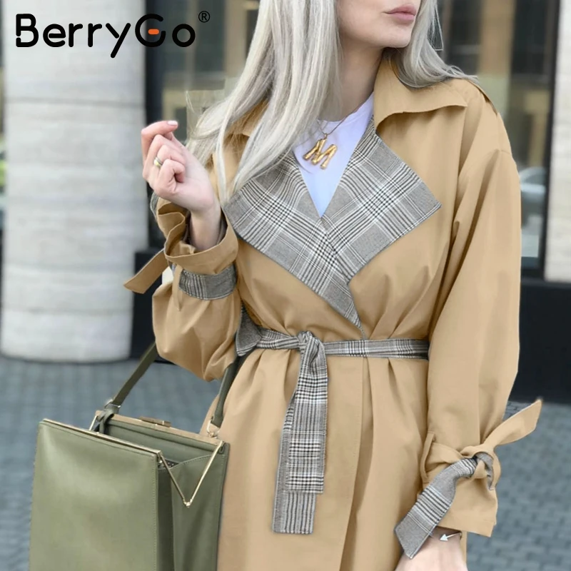 BerryGo отложной воротник сшивание Женский Тренч винтажное клетчатое осенне зимнее