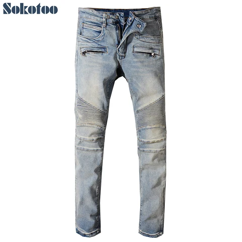 Мужские винтажные джинсы Sokotoo классические синие байкерские штаны облегающие брюки с заплатками для езды на мотоцикле есть большие размеры