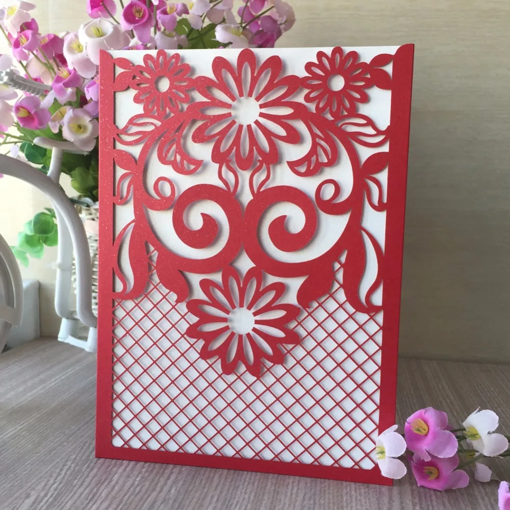 

40pcs/Lot Laser Cut Pocket Flower Design Invitation Cards Wedding Blessing Cards Decoration Bridal Shower