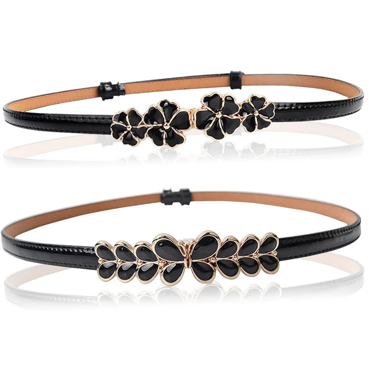 

2021 New Style Womens Fashion Flower Floral Adjustable Genuine PU Leather Thin Slim Waist Belt For Dress