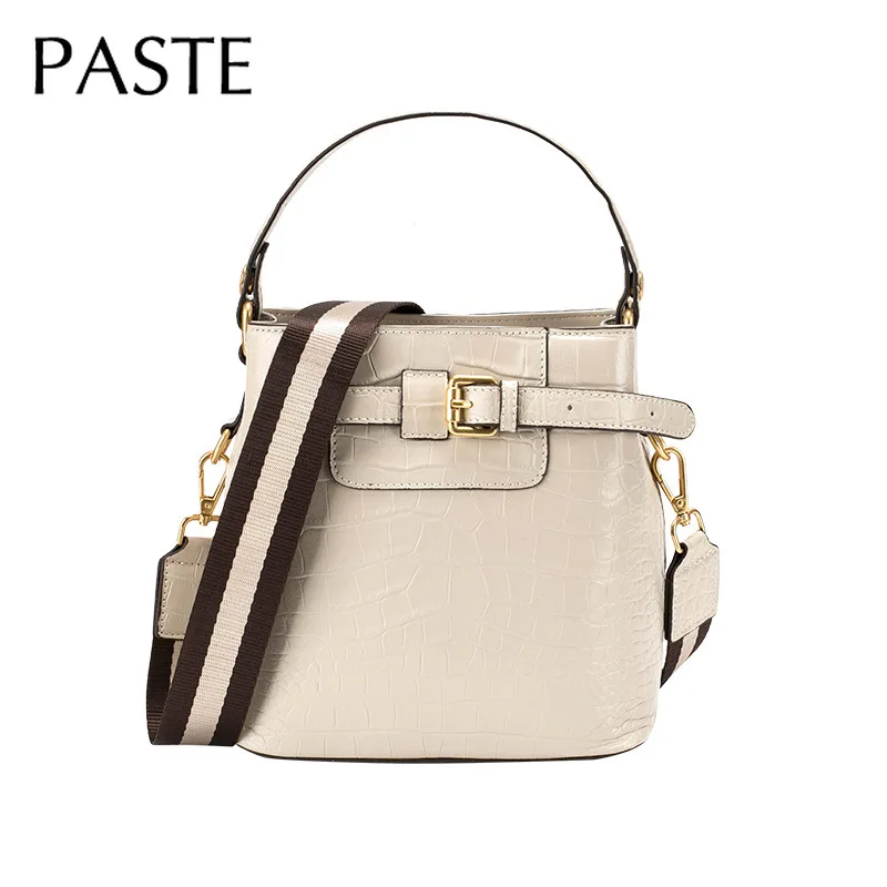 Женская сумка из воловьей кожи -ведро натуральной с крокодиловым узором женская