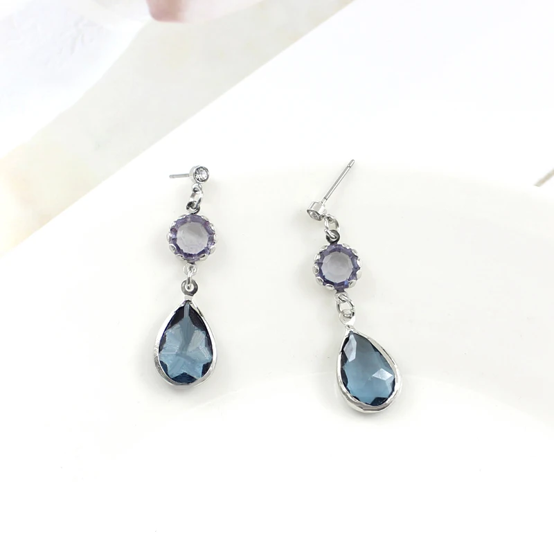 Круглые серьги капли с синими кристаллами Подвесные в виде подсолнуха