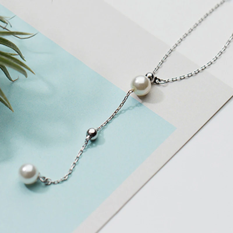 Женское длинное ожерелье из стерлингового серебра S925 с имитацией жемчуга