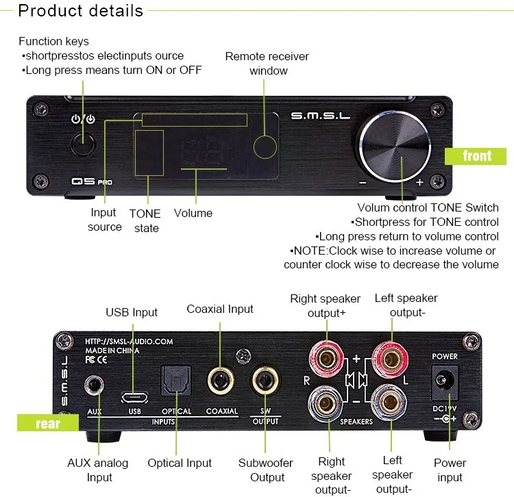 SMSL Q5 Pro цифровой усилитель 2-50 Вт USB/коаксиальный/оптический 2x45 Вт USB коаксиальный оптический вход 192 кГц 44 бит с пультом дистанционного управления