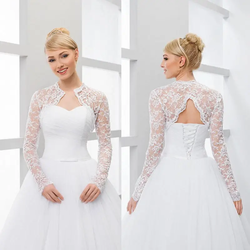 

New Long Sleeve V Backless Bridal Wedding Lace Jacket Bolero Shawl Wraps White Ivory Custom Size Jackets S M L XL XXL
