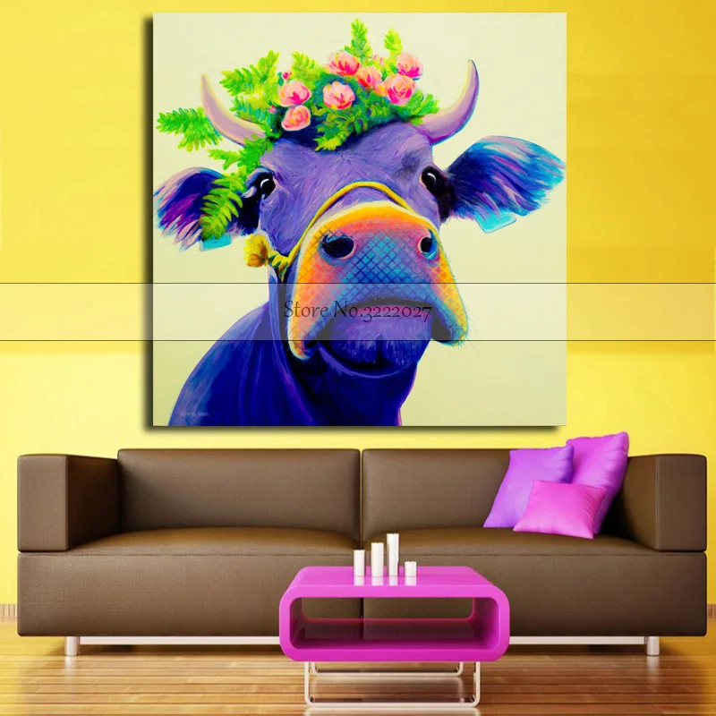 Холст PaintingHome Декор стены Искусство синяя корова животное картина маслом квардро