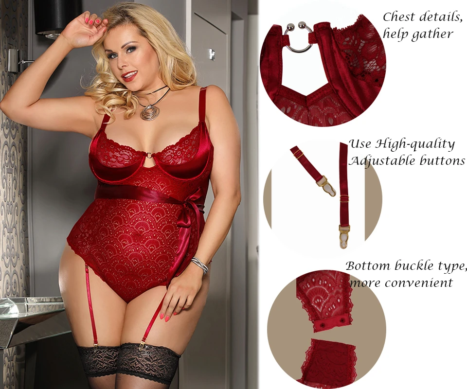 Размера плюс 5XL Кружевное боди пикантный ромпер с цветочным принтом и поясом