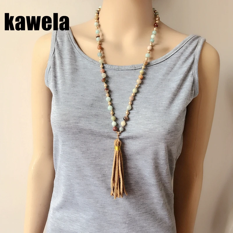 

Natural Stone Fashion Brown Imitation Leather Tassel Pendant Necklace