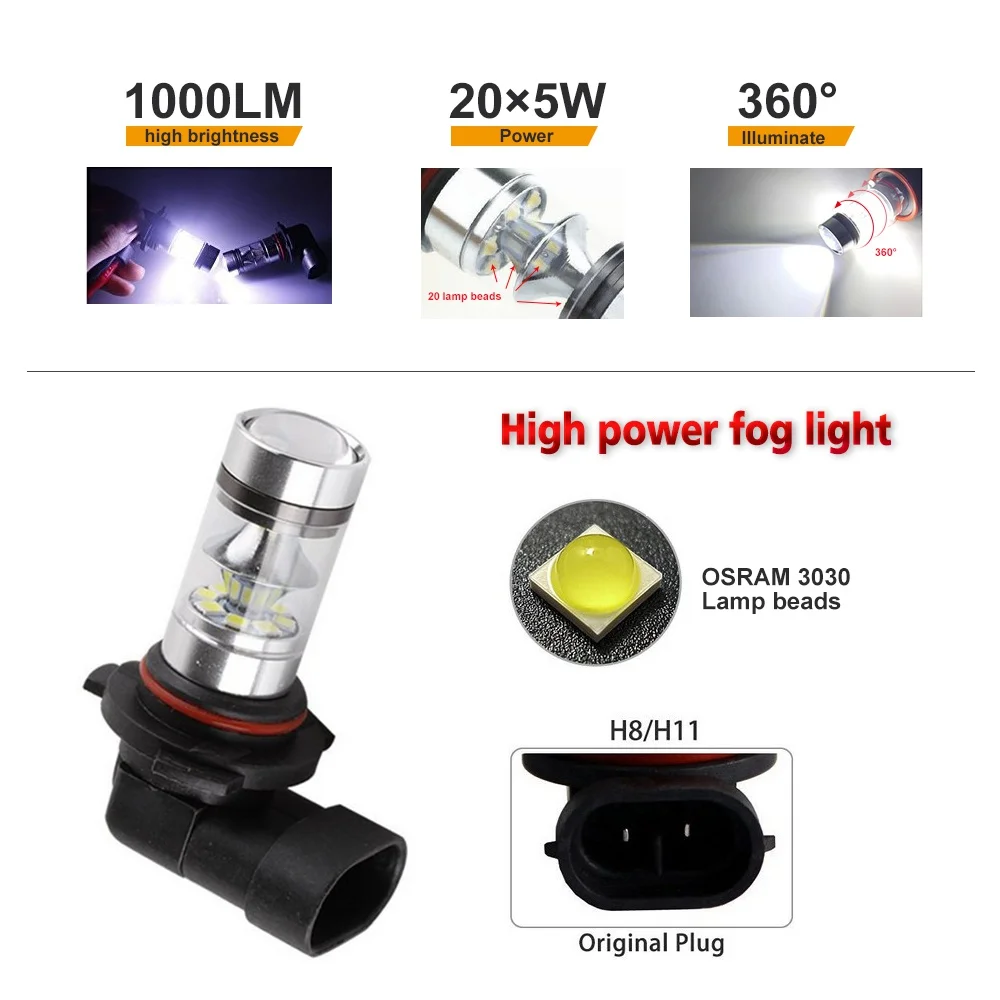 Mdatt 2 шт. H8 H11 HB4 Led HB3 9006 9005 Противотуманные фары 2000LM 6000K дневные ходовые огни 12V Белый