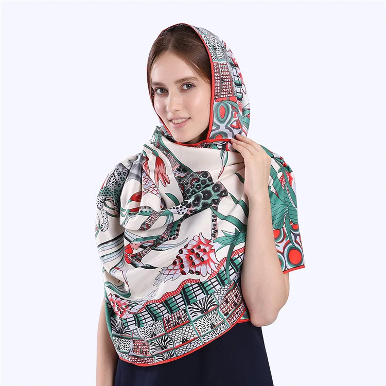 POBING 100% Twill Silk Square Scarf Animals Print Women Scarves&ampWrap Giraffe Neckerchief Spanish Foulards cachecol Large Bandana |