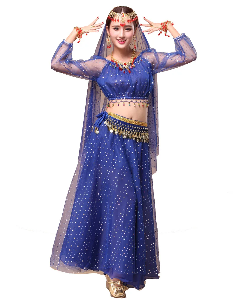 Костюм для танца живота костюм индийских танцев в Стиле Болливуда топ + юбка пояс