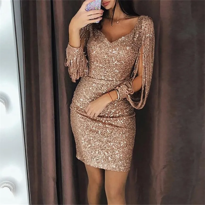 Rose gold Женские платья размера плюс 4XL, сексуальные платья с кисточками и пайетками, вечерние платья для ночного клуба, с длинным рукавом, v-образный вырез, одноцветные Короткие Розовые Мини-платья для выпускного вечера - Цвет: Rose gold
