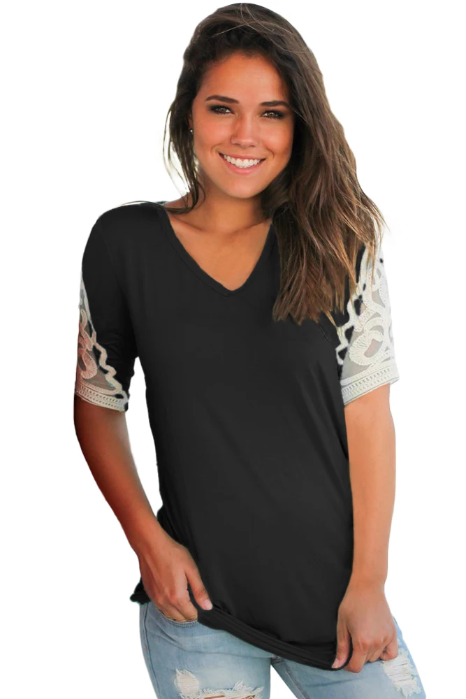 Zmvkgsoa Women Clothing T-Shirt Short Sleeve Summer T shirt Female Tees Elegant Ladies Black Ruched Top Crochet Detail V25084800 | Женская