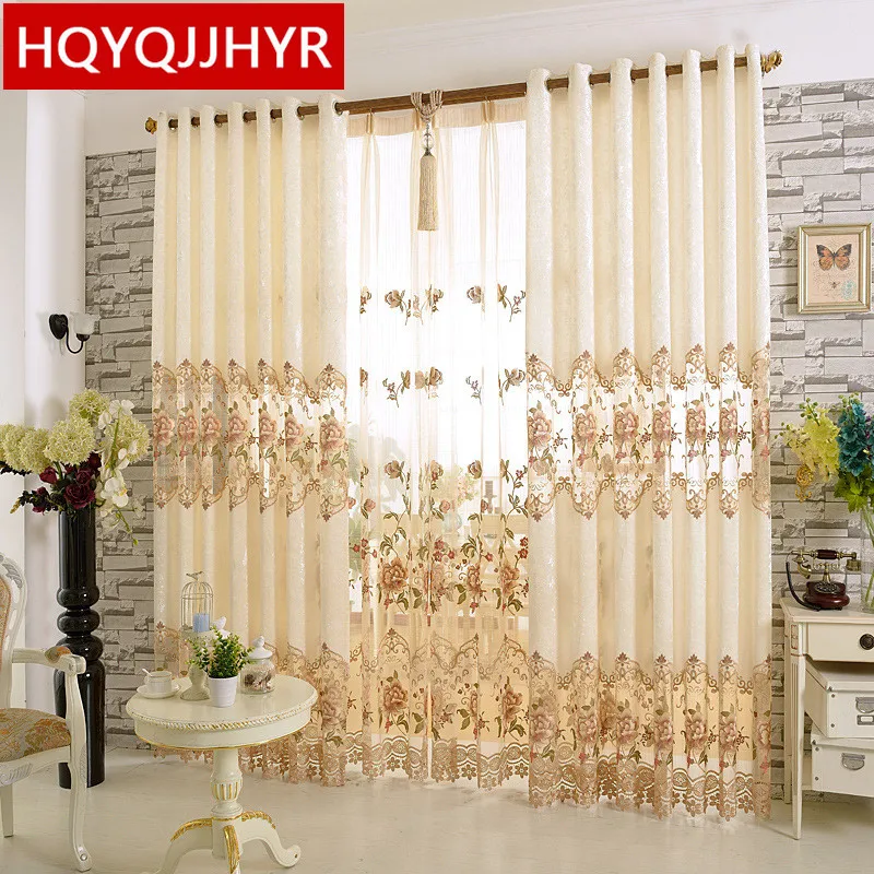 Роскошные бежевые декоративные шторы в пол с вышивкой выполненные на заказ