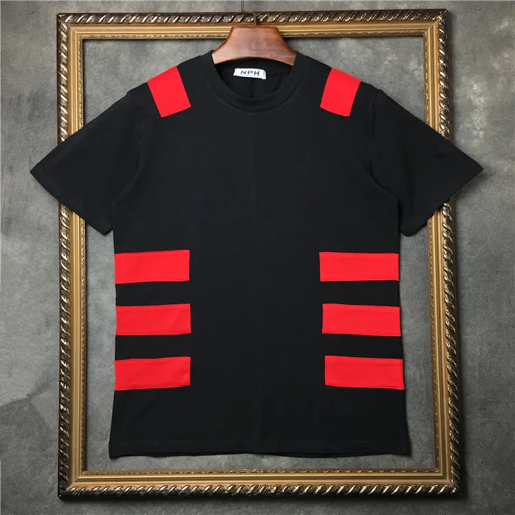 

New Novelty 2019 Men Stitching cloth red stripes T Shirts T-Shirt Hip Hop Skateboard Street Cotton T-Shirts Tee Top kenye #F46