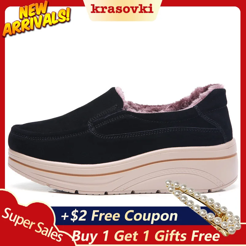 Krosovki/зимняя женская обувь с плюшевой подкладкой на платформе без шнуровки