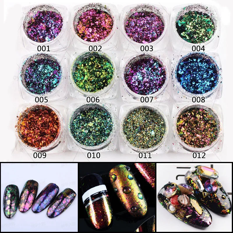 

1 box Chameleon 3D DIY Flakes Sequins Nail Glitter Powder Dust Mirror Chrome Pigment Nail Art Sheets Decorations