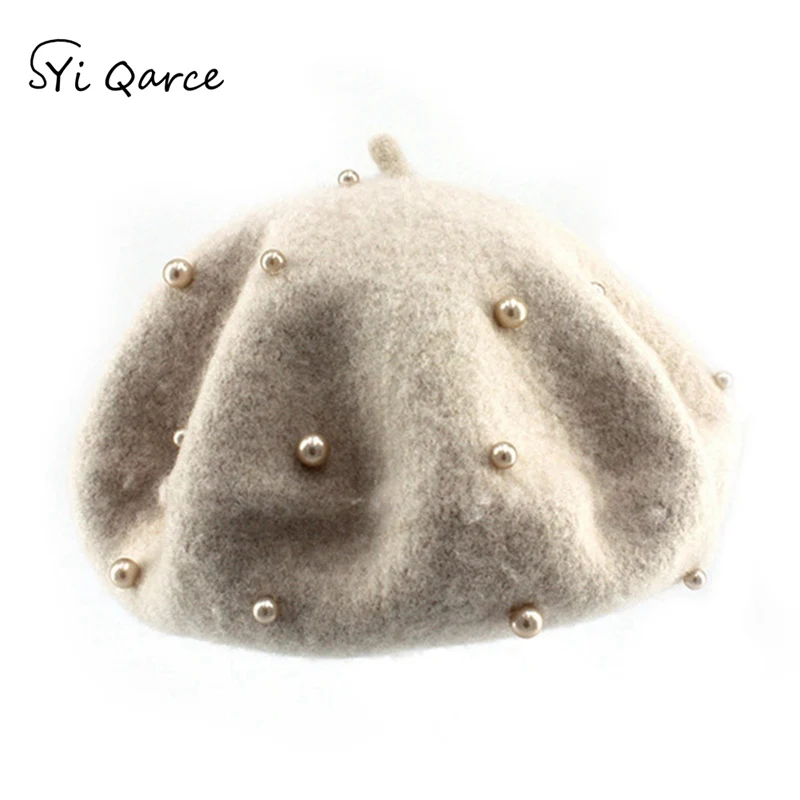 Beige SYi Qarce, детский модный шерстяной берет с жемчугом, шапка, лучший подарок для девочки, весна, осень, зима, удобный берет в стиле винтаж, шапка, NM076-3 - Цвет: Beige