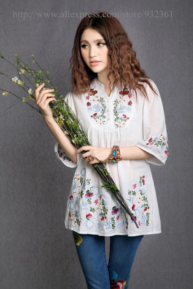 Винтажная женская блузка с цветочной вышивкой хлопковая рубашка топ Женские