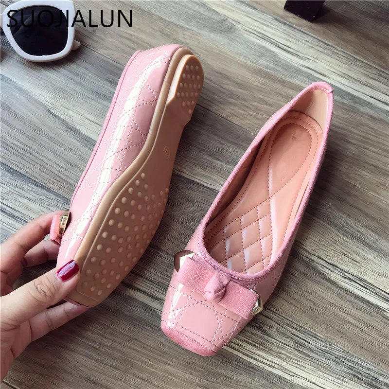 SUOJIALUN плюс Size35-40 Женская обувь на плоской подошве Осенняя женская обувь слипоны лоферы с квадратным носом Бабочка-узел балетки на плоской подошве женская обувь