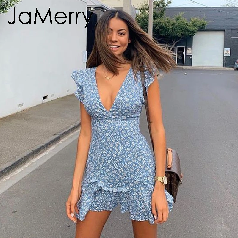 JaMerry Boho Летнее платье с цветочным принтом женское V шейный галстук бабочка рюшами