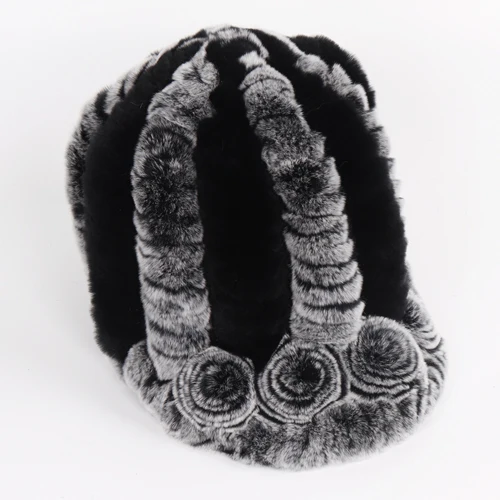 grey and black Новые русские Хорошие эластичные Настоящий мех кролика шапки зимние женские теплые цветы натуральный мех шапки для женщин натуральный мех шапки оптом - Цвет: grey and black