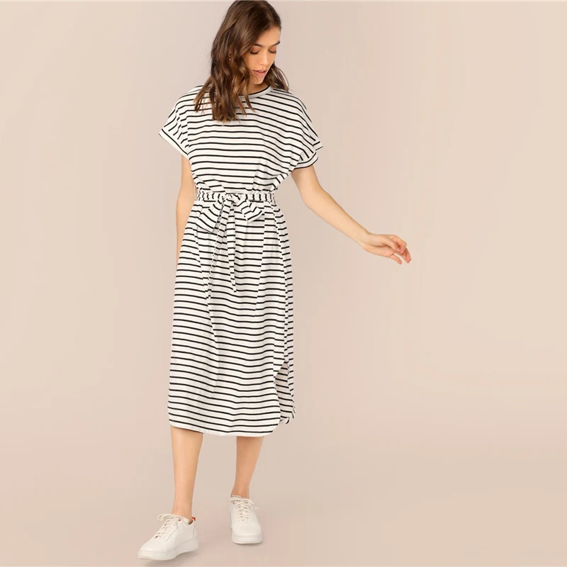 SHEIN Черное и белое Полосатое платье-футболка с разрезом и завязками на талии, женское летнее платье с рукавом летучая мышь, женские повседневные платья