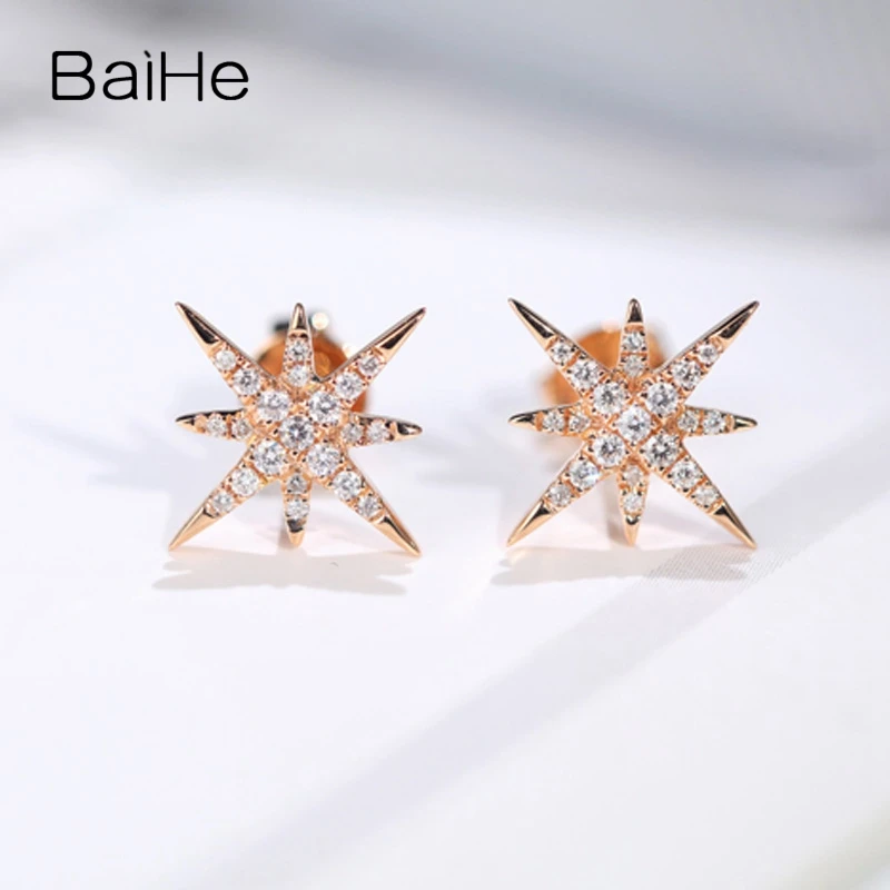 BAIHE Solid 14K розового/белого/желтое золото 0.14ct натуральный со стразами Модные