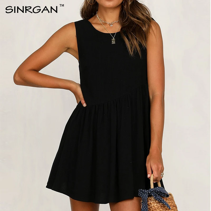 SINRGAN Твердое Белое Дикое Летнее Платье О-Образным Вырезом Офис Леди Boho